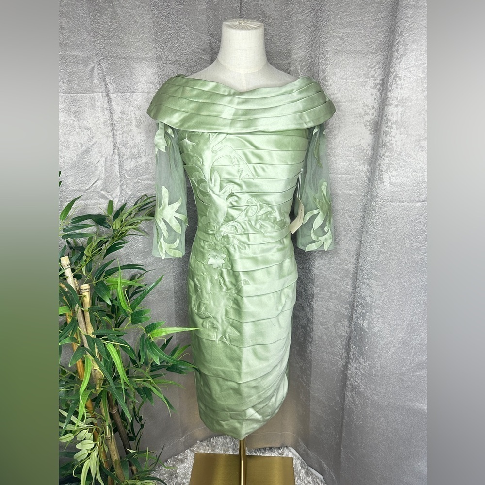 NWT TS Couture Off The Shoulder Pleated Wedding Sheath Dress Sage Green Small